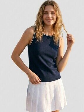 Tommy Hilfiger Navy Blue Knit Tank Top with Striped Trim, Preppy Tank, Size L
